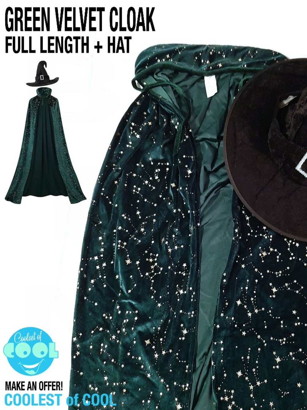 velvet cloak cape full length green with gold stars witch wizard hat costume new
